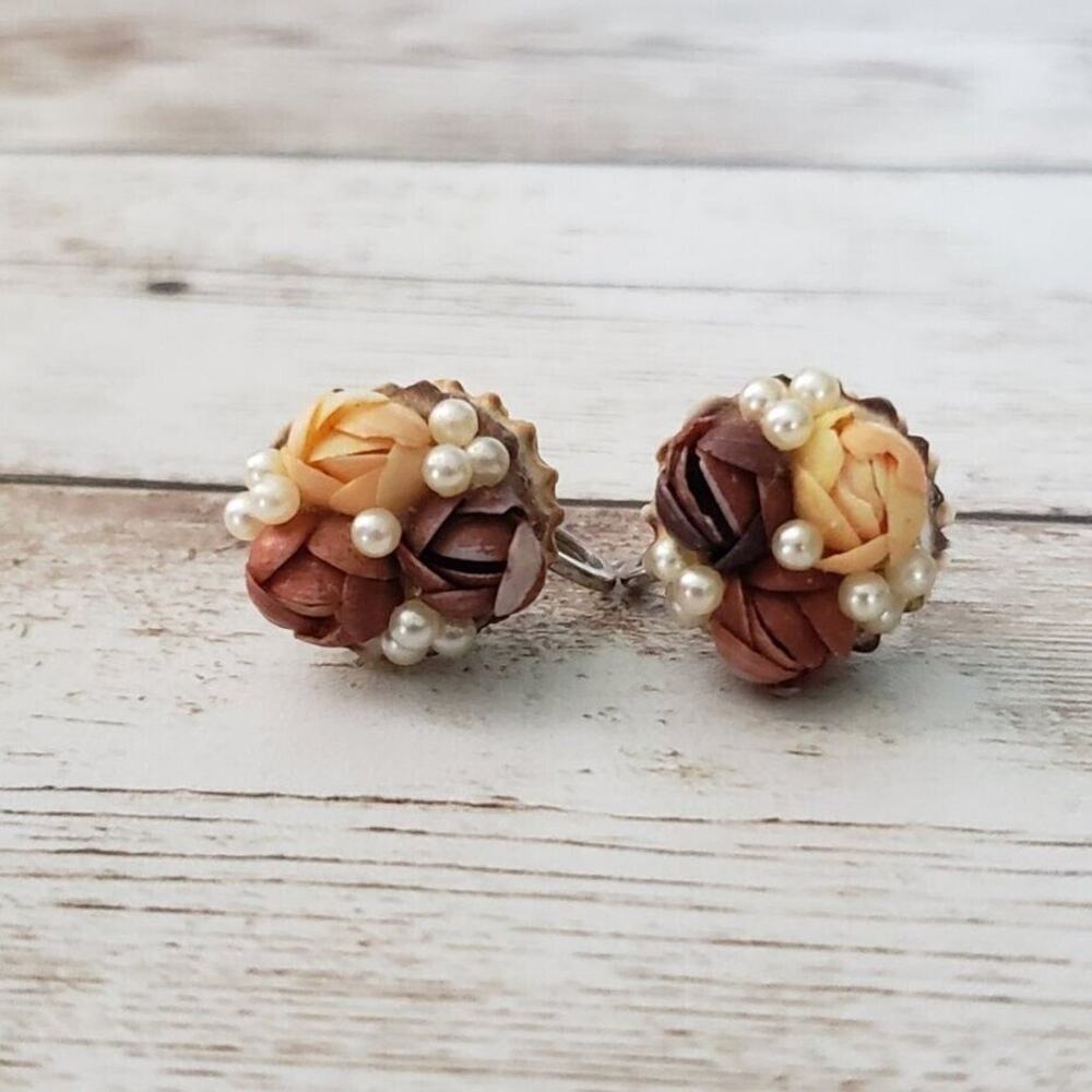 Vintage Screw On Earrings - Rose Trio Multi Colored